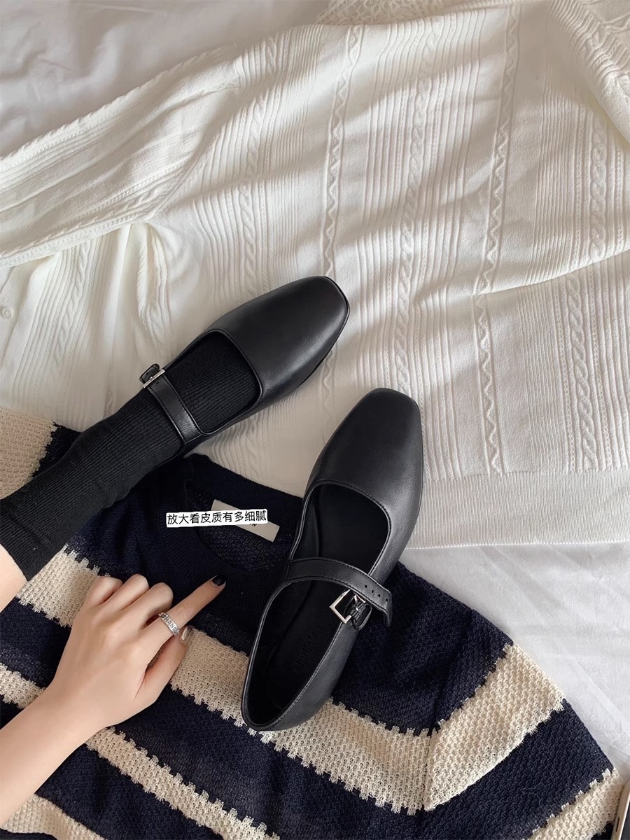 现货秒发！葡萄妈同款鞋进口羊皮极简平底一字扣带玛丽珍平底单鞋女春