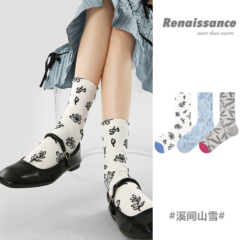 原创女袜春夏季复古浮雕袜子中筒袜文艺ins潮袜子女