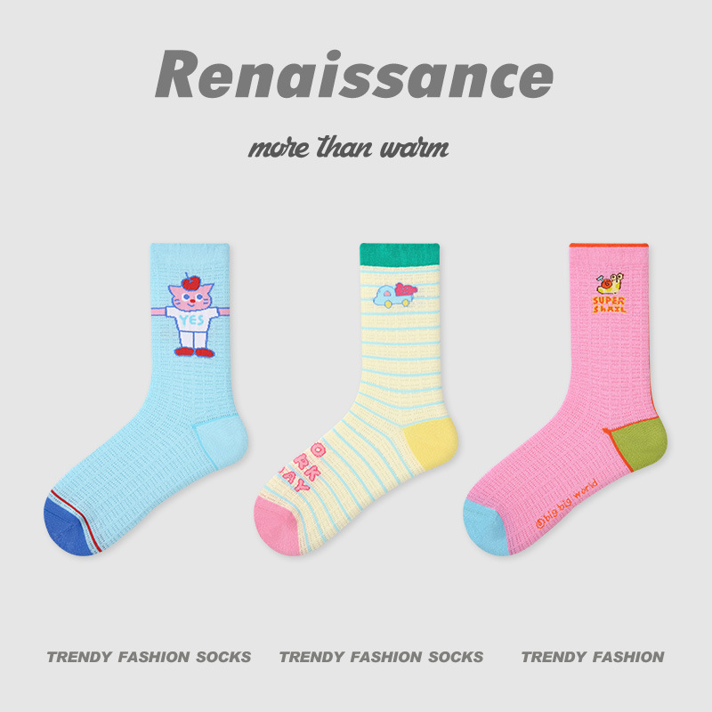 长条立体小狗动物中筒袜少女条纹拼色网眼透气女袜子