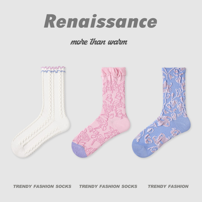 原创女袜春夏季黑白格子中筒袜卡通猫咪精梳棉袜子女