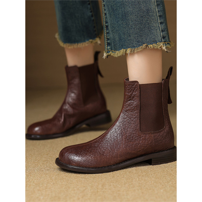 短靴女春秋单靴软底圆头低跟平底靴粗跟中跟松紧带加绒切尔西女靴