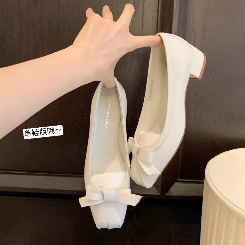 现货秒发！苏茵茵同款鞋猪鼻子小羊皮粗跟蝴蝶结芭蕾单鞋女凉鞋夏