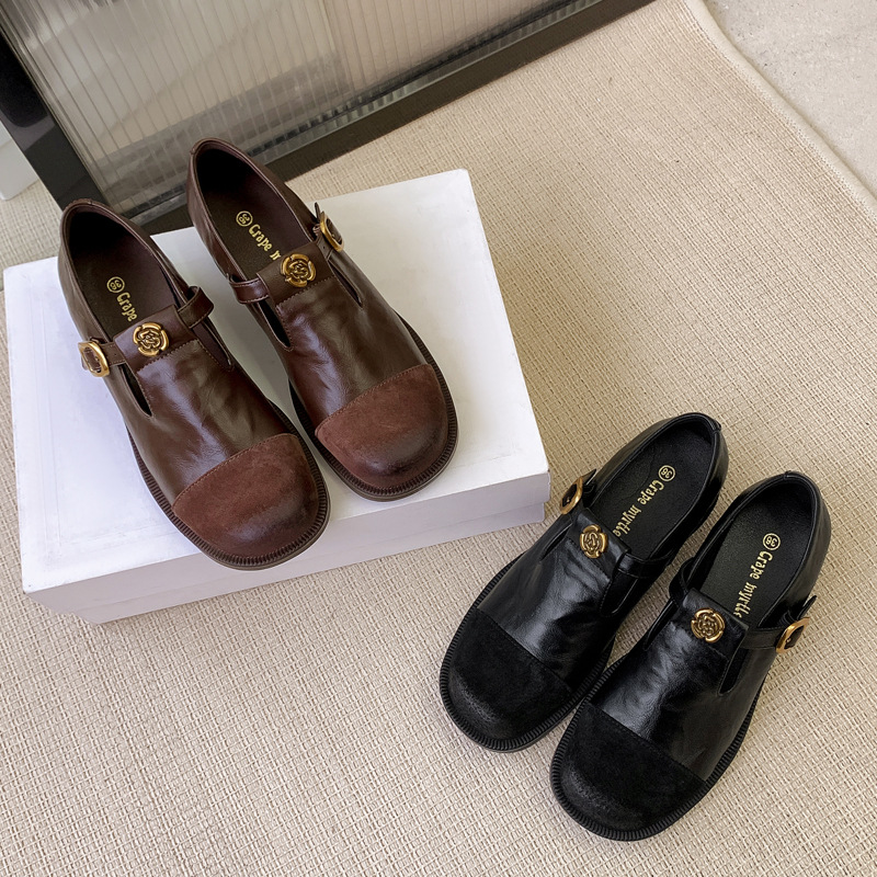 2025春季苏茵茵新款复古山茶花深口玛丽珍鞋女厚底粗跟一脚蹬圆头小皮鞋