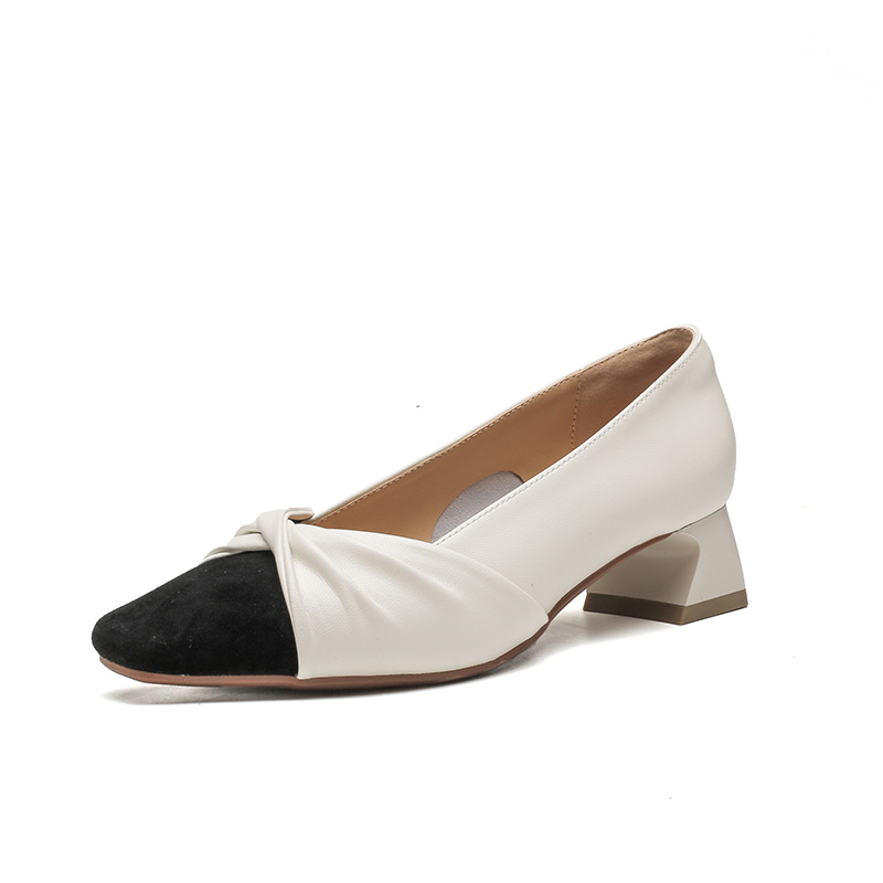 苏茵茵款羊皮版~复古方头粗跟浅口羊皮晚风温柔法式高跟鞋小香风单鞋女春