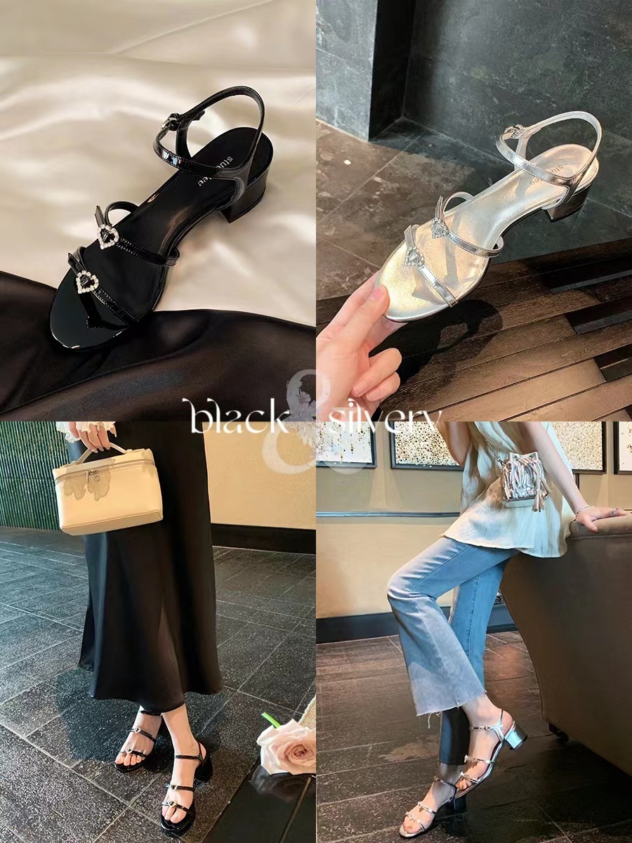 葡萄妈同款 少女时代～圆头双一字带爱心钻扣平底凉鞋拖鞋女夏