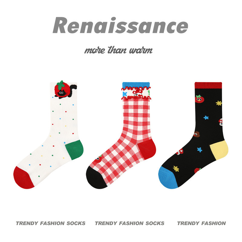 原创女袜春夏季柿柿甜猫中筒袜花边无骨精梳棉袜子女