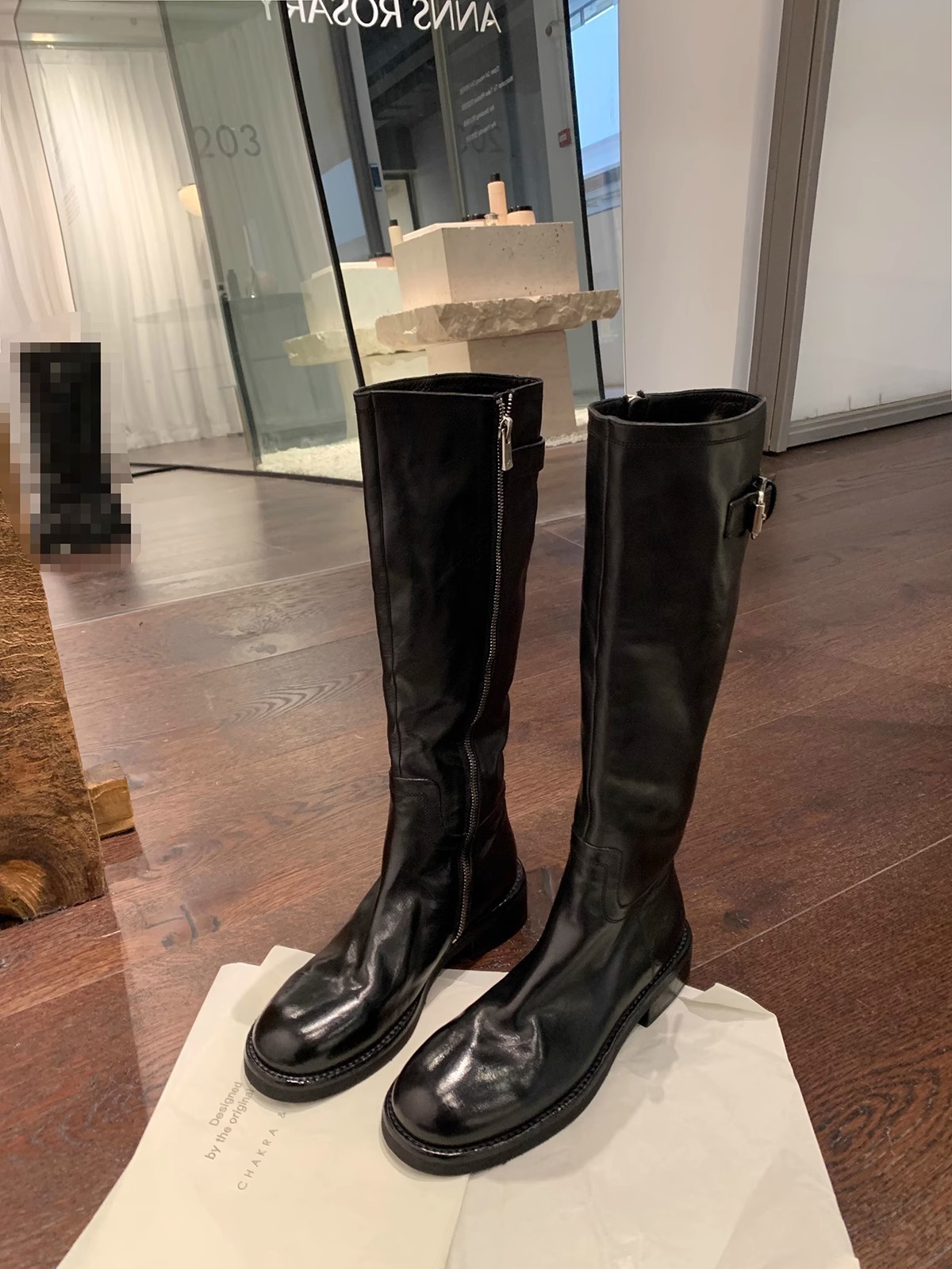 PANDA EYES葡萄妈同款鞋复古水洗马皮粗跟厚底高筒骑士靴女秋冬款女靴