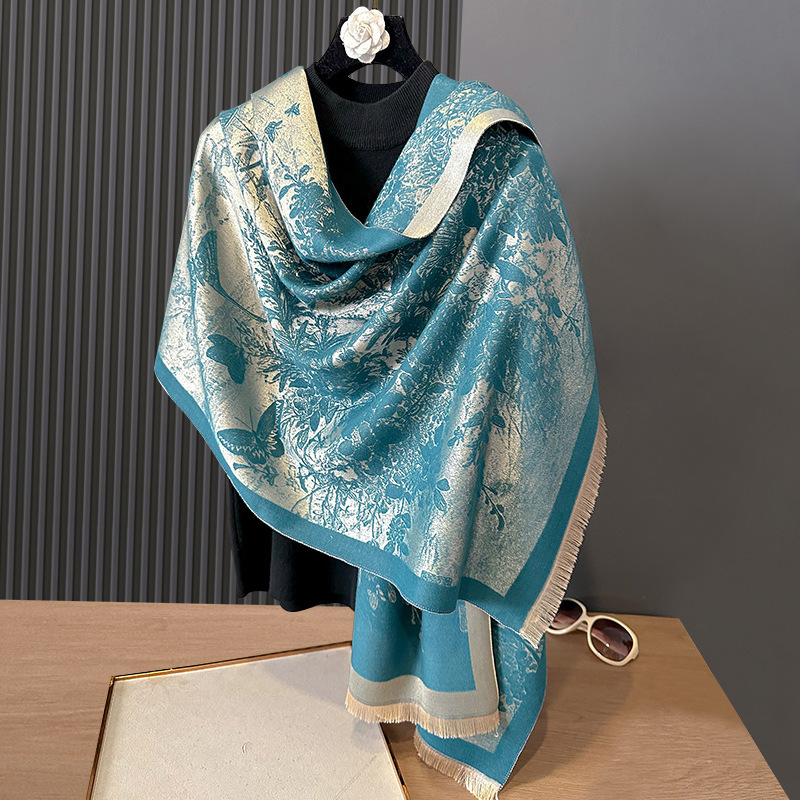 秋冬双面羊绒水墨蝴蝶飞舞素雅加厚保暖丝巾空调房护颈披肩外搭