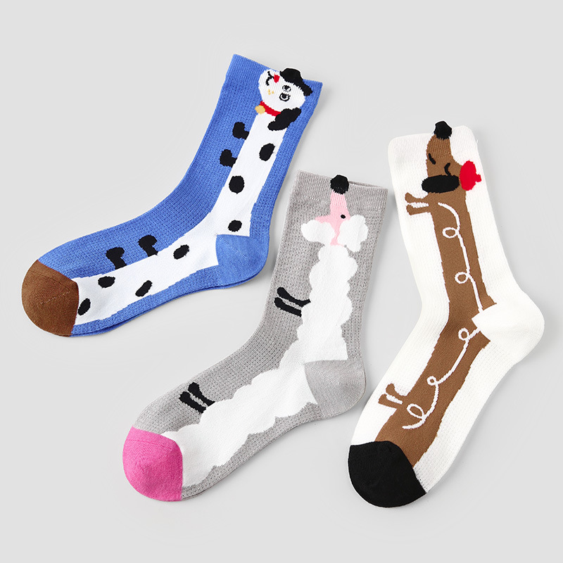 长条立体小狗动物中筒袜少女条纹拼色网眼透气女袜子