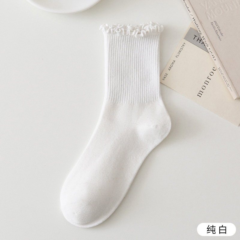 白色木耳边堆堆袜春秋薄款日系jk袜子女洛丽塔玛丽珍鞋花边中筒袜