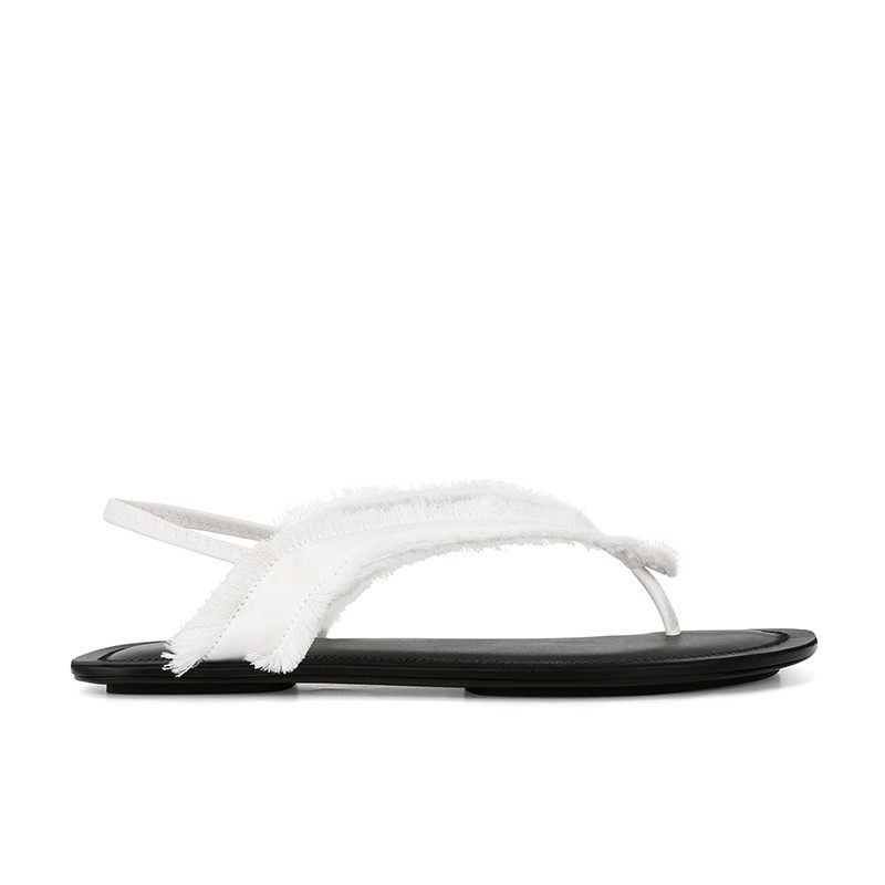 现货秒发！葡萄妈同款鞋时尚真丝毛边平底夹趾真皮软底凉鞋女外穿