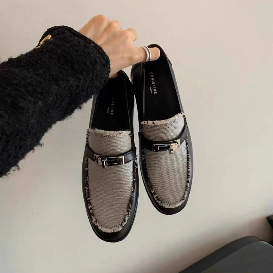 现货秒发！苏茵茵同款鞋金属锁扣真皮须边拼色懒人乐福鞋女小皮鞋