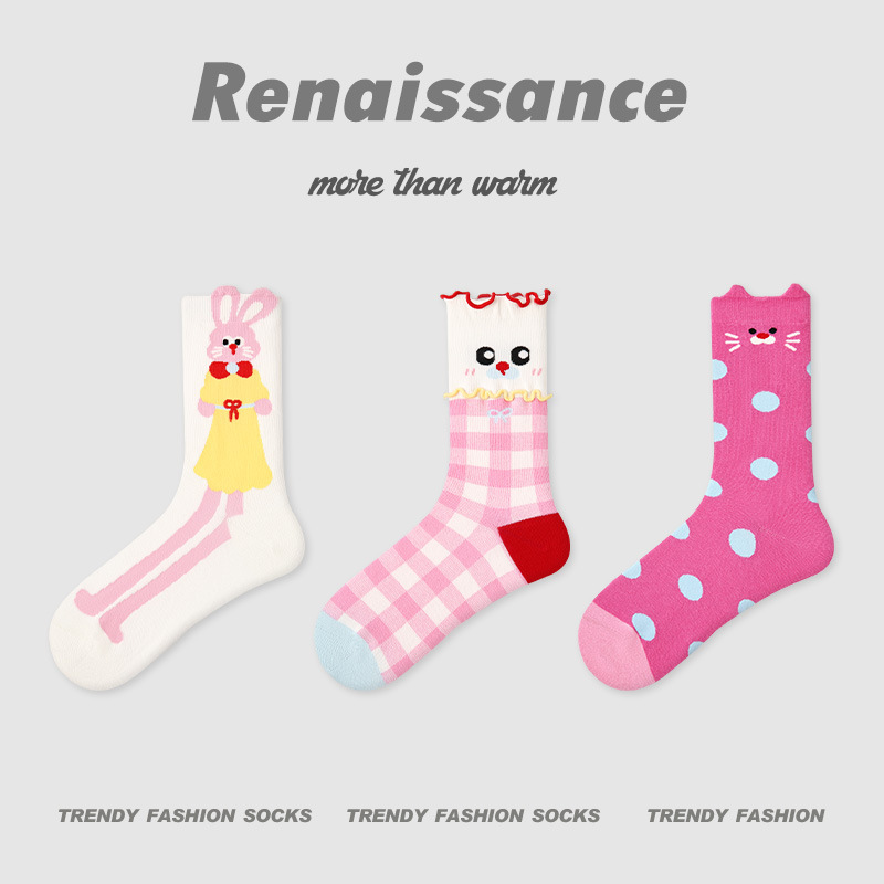 原创女袜春夏季黑白格子中筒袜卡通猫咪精梳棉袜子女