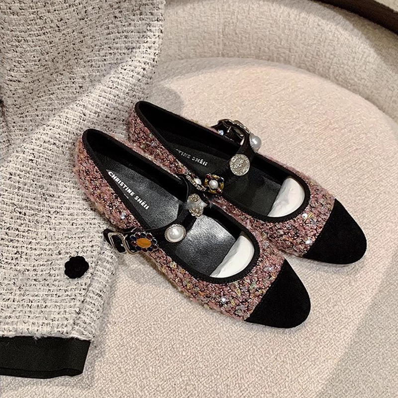 苏茵茵安妮公主~小香风花呢徽章扣玛丽珍单鞋女宴会婚鞋平底鞋女