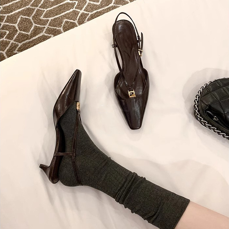 苏茵茵同款京圈富美~方头小金扣鳗鱼纹小猫跟后空凉鞋女夏季