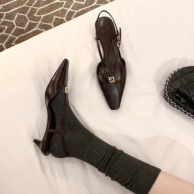 苏茵茵同款京圈富美~方头小金扣鳗鱼纹小猫跟后空凉鞋女夏季