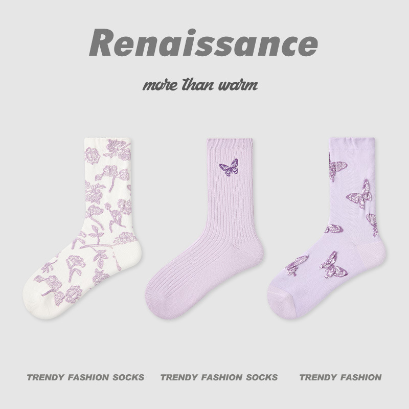 原创女袜春夏季黑白格子中筒袜卡通猫咪精梳棉袜子女