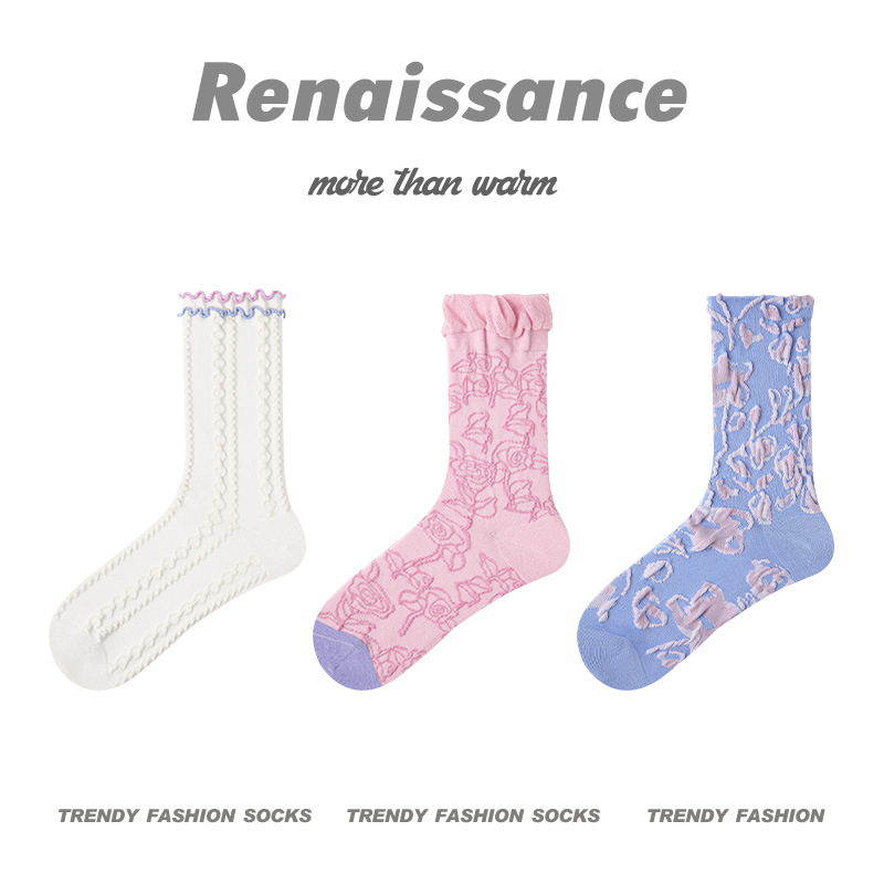 原创女袜春夏季柿柿甜猫中筒袜花边无骨精梳棉袜子女