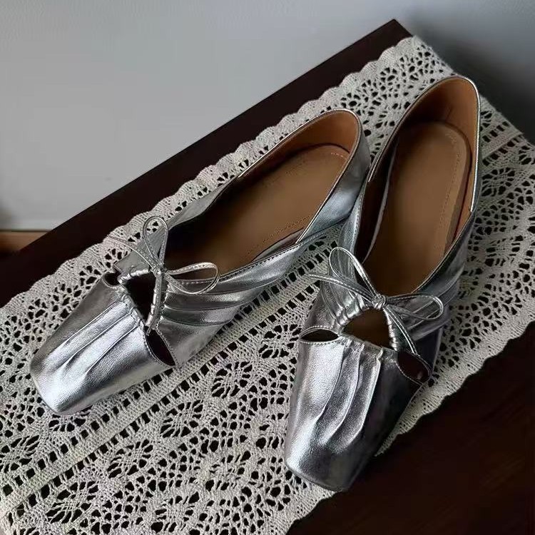 羊皮版~苏茵茵方头褶皱镂空玛丽珍鞋蝴蝶结法式气质低跟平底单鞋浅口小皮鞋