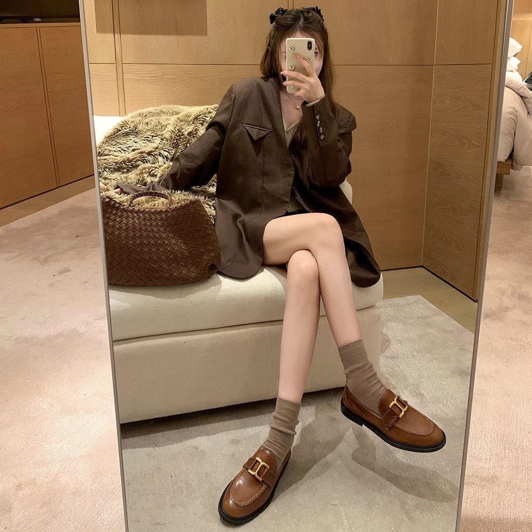 苏茵茵同款鞋英伦复古金扣牛皮懒人乐福单鞋女小皮鞋秋