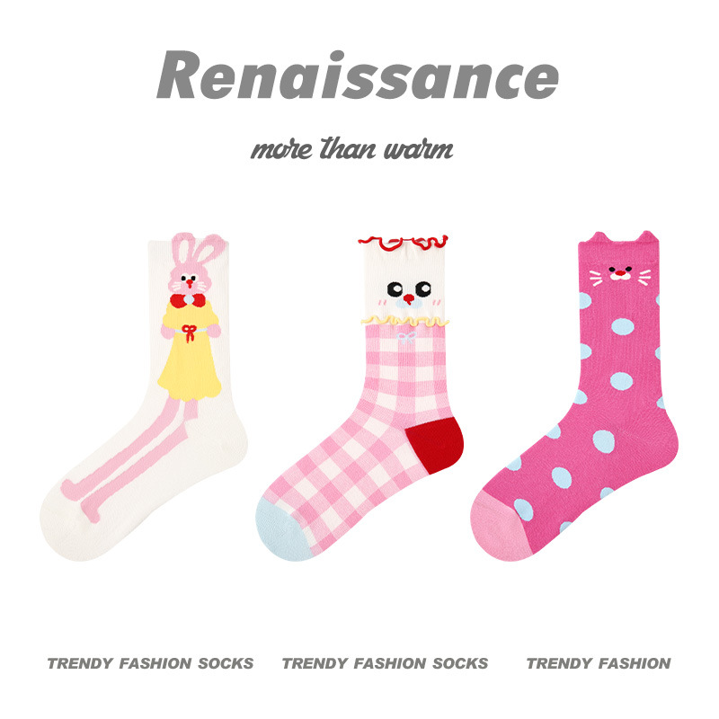 原创女袜春夏季柿柿甜猫中筒袜花边无骨精梳棉袜子女