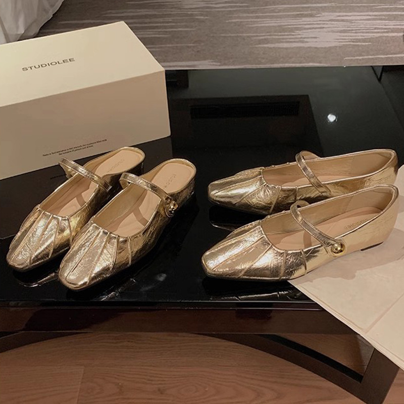 葡萄妈夏季新款气质小方头褶皱一字带浅口玛丽珍包头半拖鞋女夏