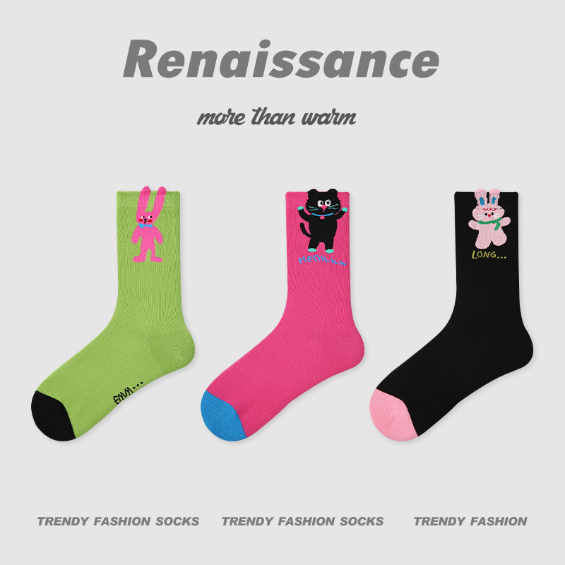 原创女袜春夏季黑白格子中筒袜卡通猫咪精梳棉袜子女