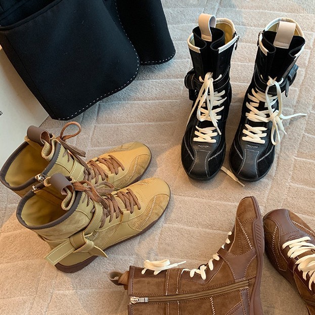 葡萄妈秋冬新款时髦复古拼色百搭绑带侧拉链猎装德训马丁女靴