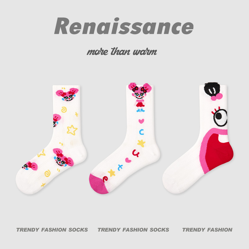 长条立体小狗动物中筒袜少女条纹拼色网眼透气女袜子