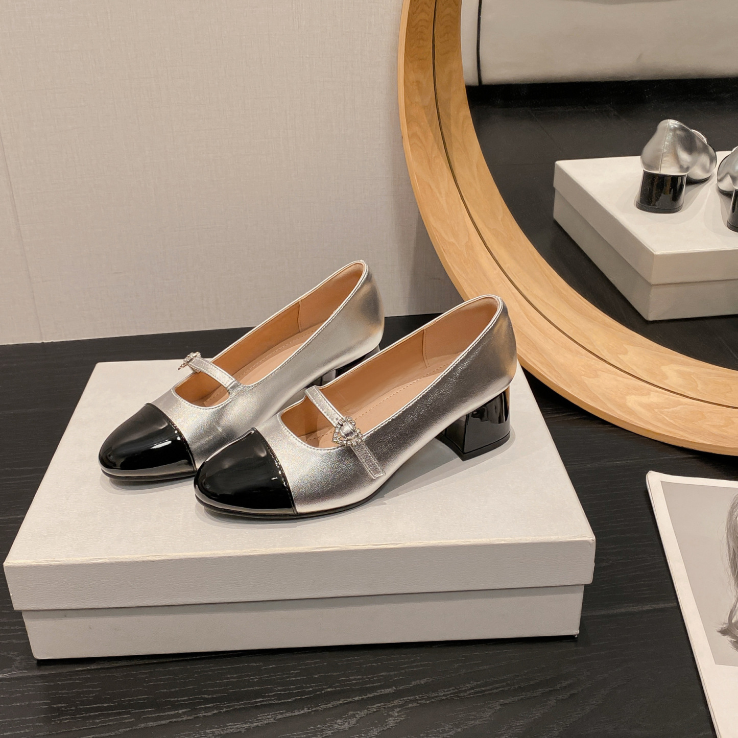 法式小香风拼色玛丽珍鞋女2024春季新款浅口一字扣带粗跟单鞋