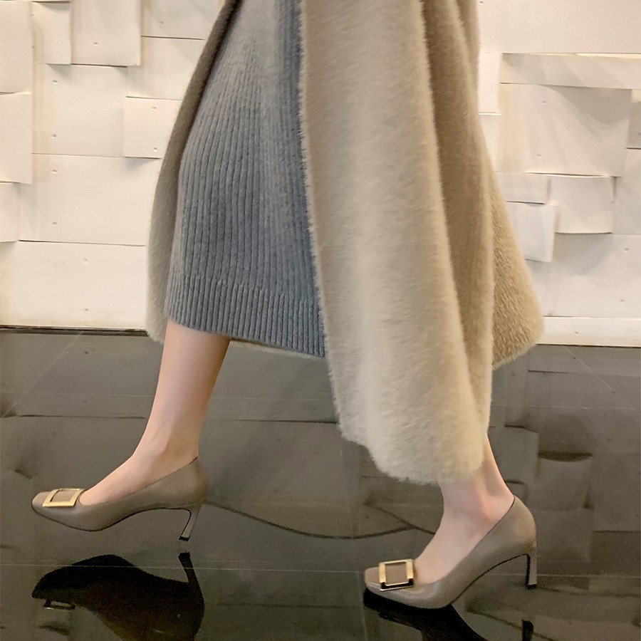 现货秒发！葡萄妈同款鞋法式气质晚风方扣细高跟鞋方头浅口通勤单鞋