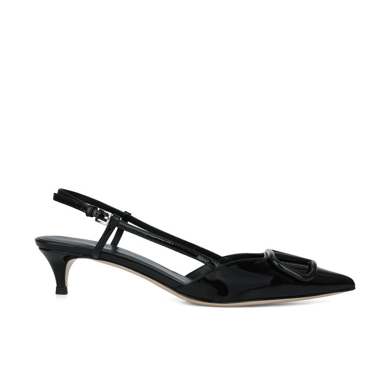 现货秒发！葡萄妈同款鞋气质尖头V扣高跟鞋女漆皮后空细跟凉鞋女