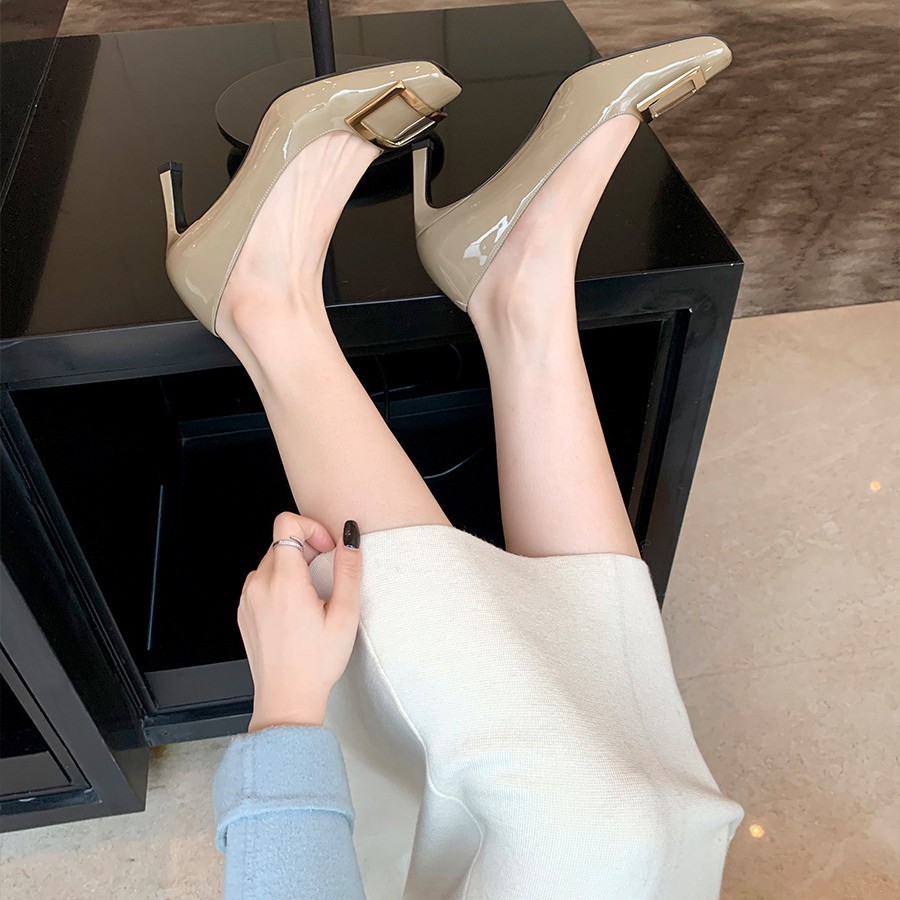 现货秒发！葡萄妈同款鞋法式气质晚风方扣细高跟鞋方头浅口通勤单鞋