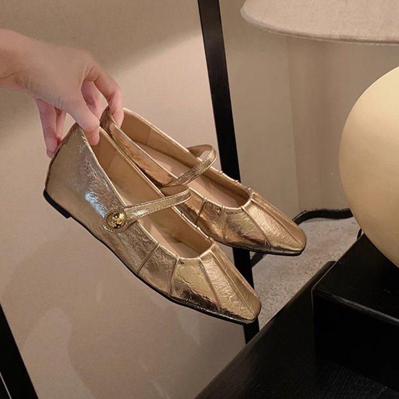 葡萄妈夏季新款气质小方头褶皱一字带浅口玛丽珍包头半拖鞋女夏