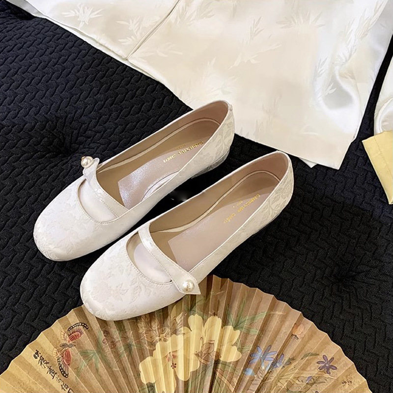 葡萄妈晚香玉~国风新中式珍珠一字带方头提花玛丽珍单鞋中跟女鞋