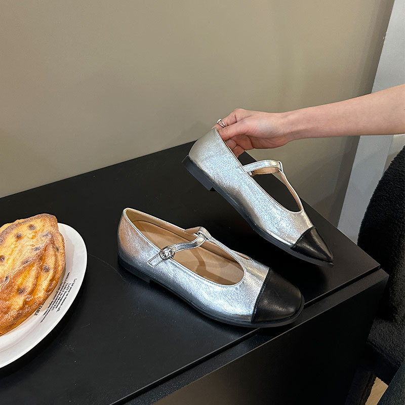 法式银色拼接单鞋女士2025春夏新款平底丁字带玛丽珍鞋圆头芭蕾鞋