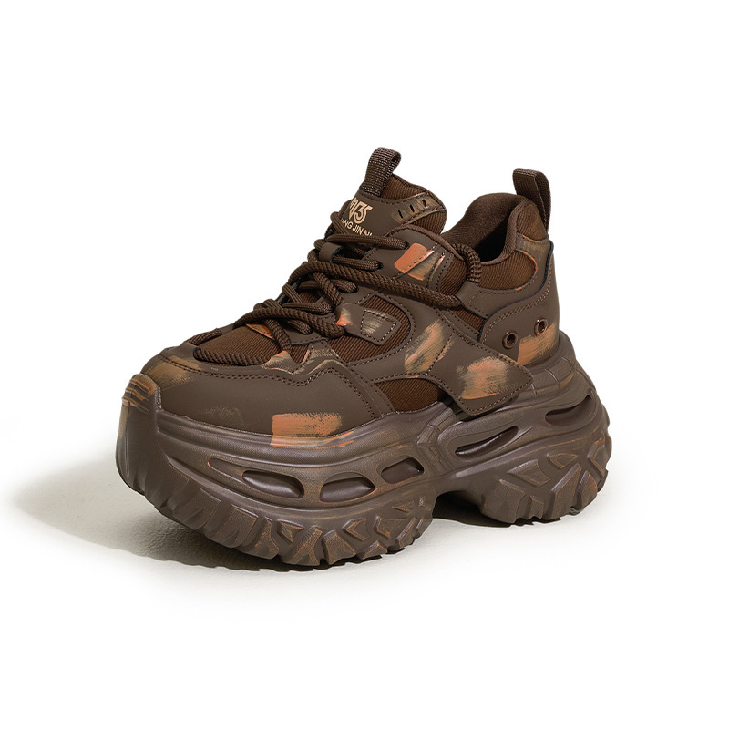 新款厚底老爹鞋女秋冬新款擦色做旧复古休闲鞋时尚百搭内增高女鞋