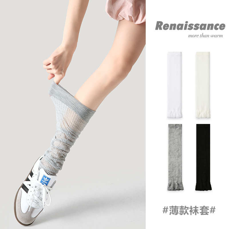 Renaissance女士春夏款针织纯色薄款袜套miu风袜子网眼透气小腿袜
