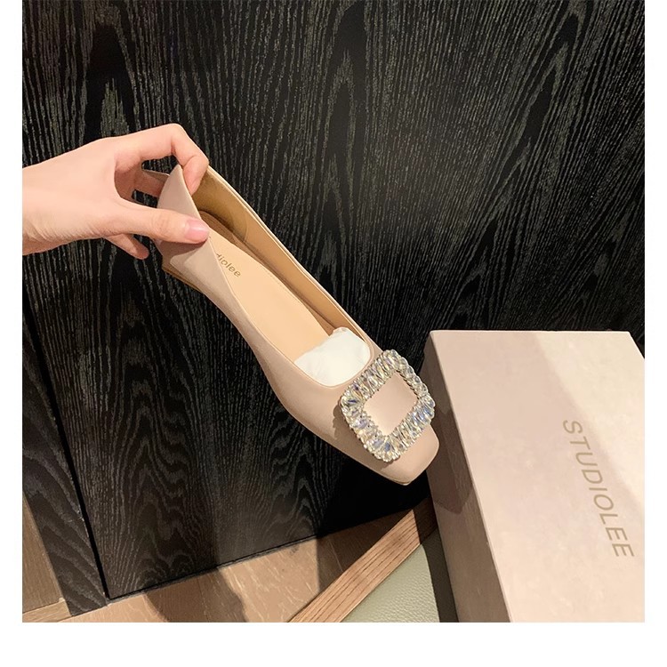 葡萄妈同款 水钻浅口法式方头银色平底真皮单鞋女2024春秋新款