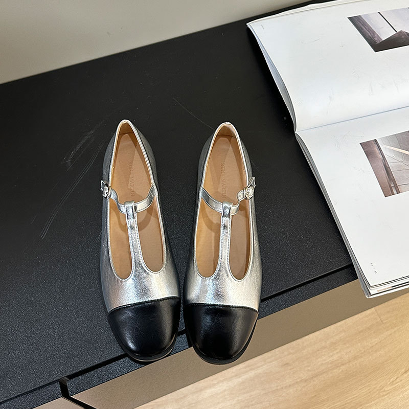 法式银色拼接单鞋女士2025春夏新款平底丁字带玛丽珍鞋圆头芭蕾鞋