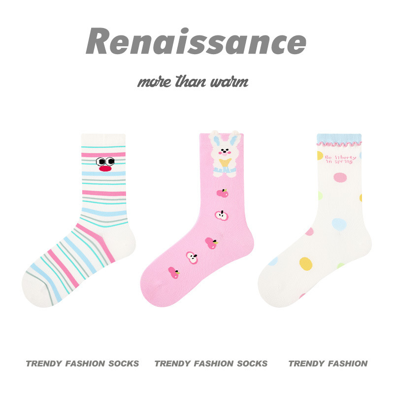 原创女袜春夏季柿柿甜猫中筒袜花边无骨精梳棉袜子女