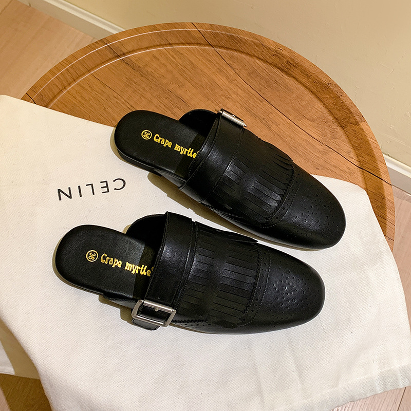 雕花流苏包头穆勒半拖鞋女外穿春夏复古一脚蹬懒人小皮鞋平底