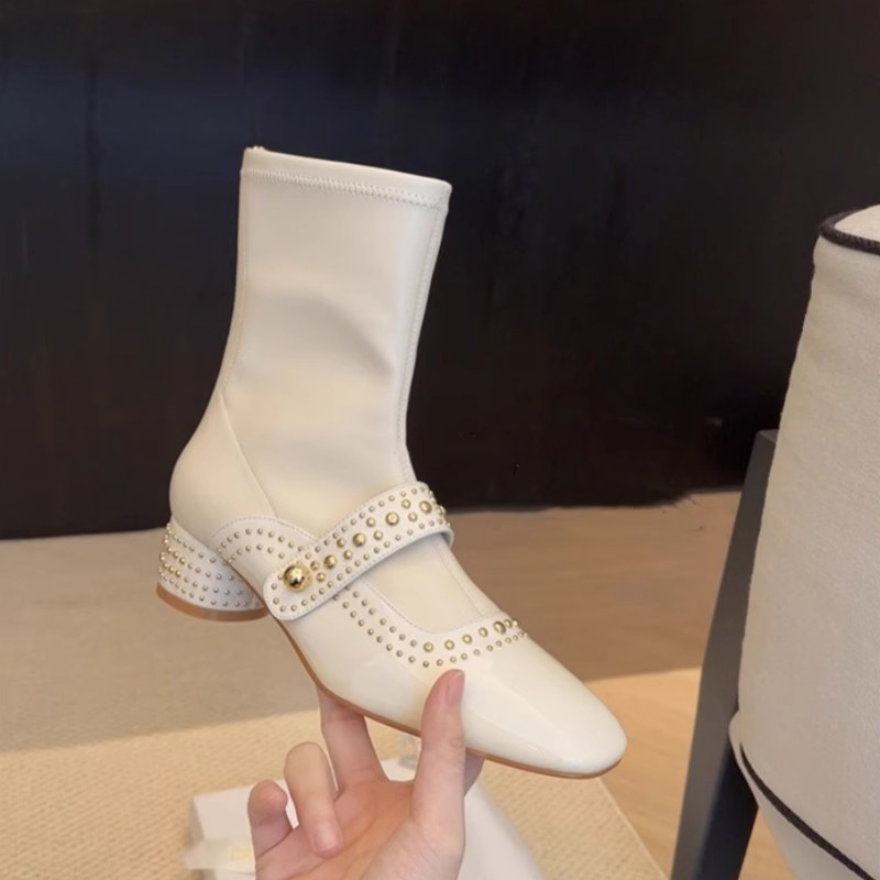 PANDA EYES时尚百搭新款方头铆钉后拉链中高筒弹力长靴女瘦瘦短靴