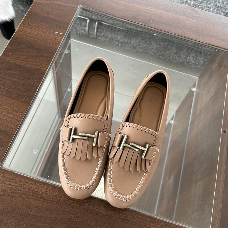 软底流苏乐福鞋女秋季新款一脚蹬懒人鞋英伦小皮鞋复古平底单鞋女