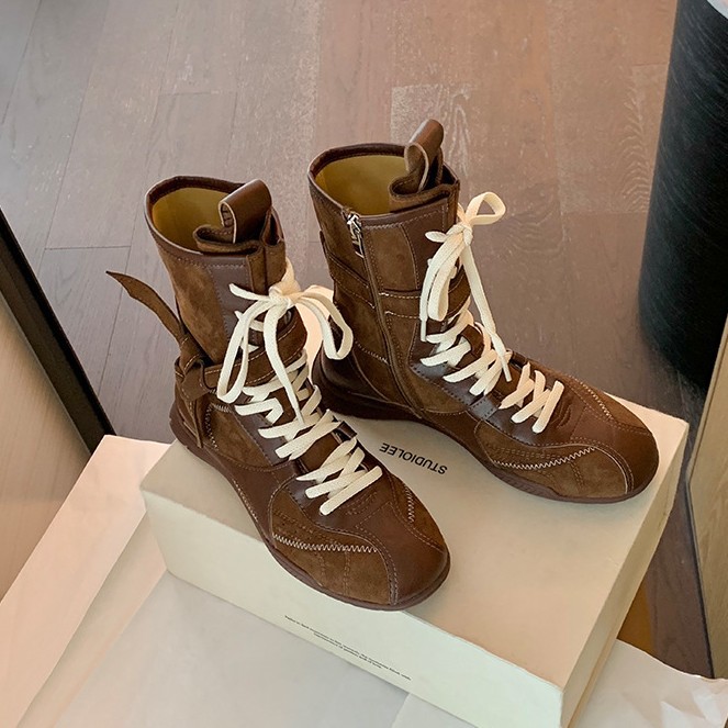 葡萄妈秋冬新款时髦复古拼色百搭绑带侧拉链猎装德训马丁女靴