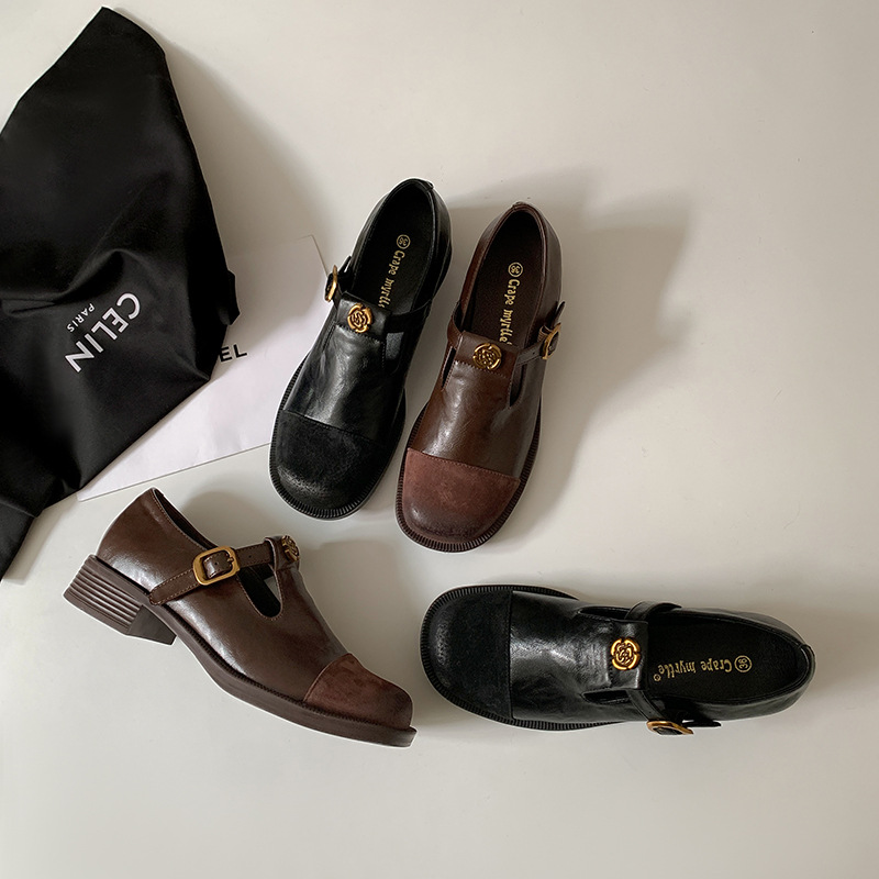 2025春季苏茵茵新款复古山茶花深口玛丽珍鞋女厚底粗跟一脚蹬圆头小皮鞋