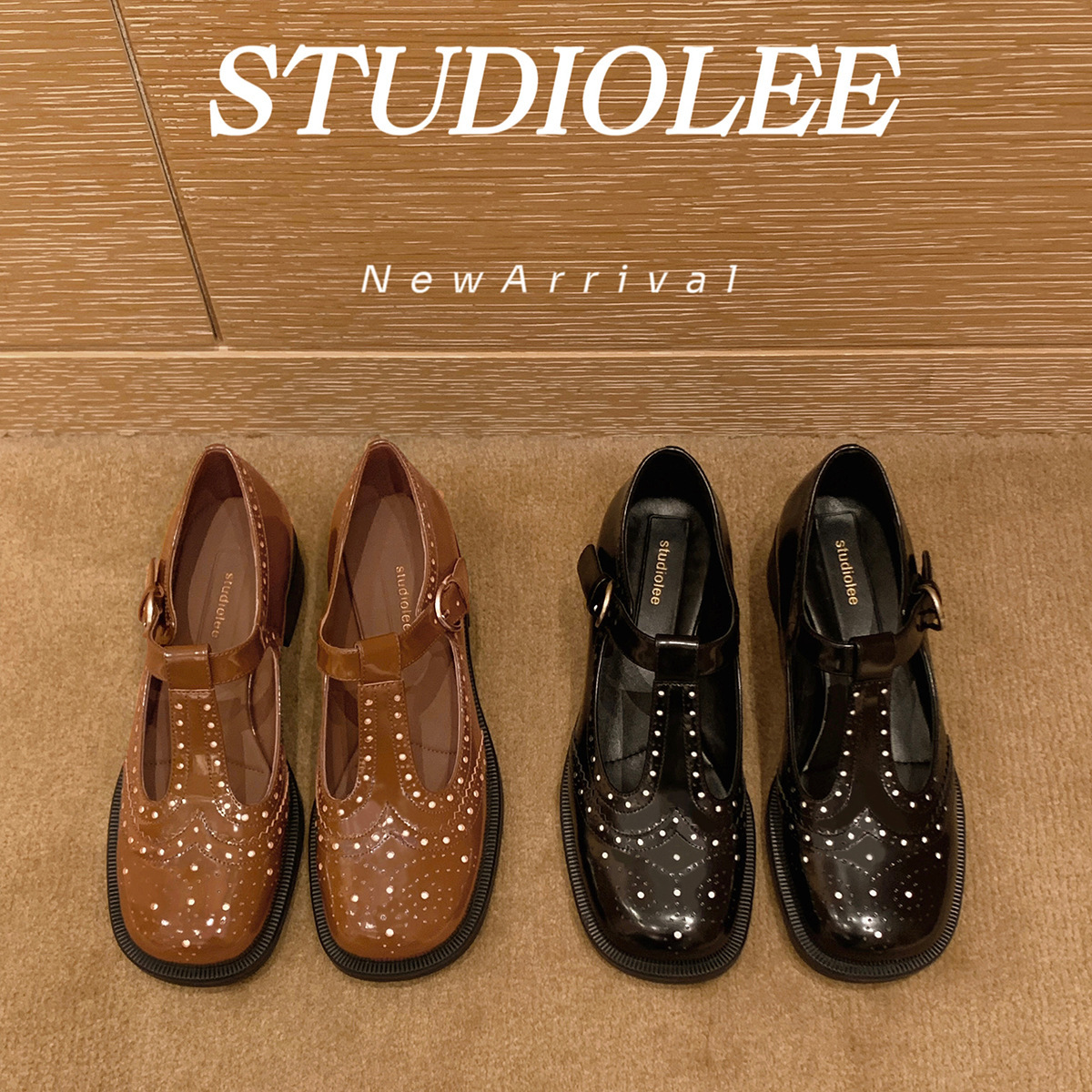 葡萄妈同款布洛克雕花T字带真皮英伦风玛丽珍小皮鞋