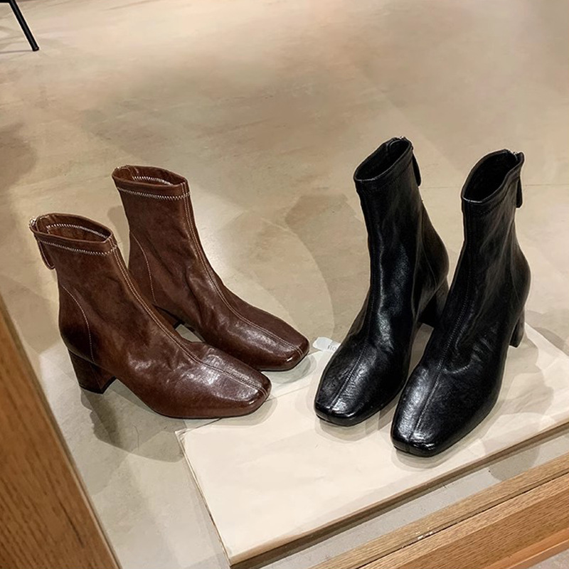 葡萄妈秋冬新款法式小方头做旧缩纹马皮显瘦百搭粗跟瘦瘦短靴女