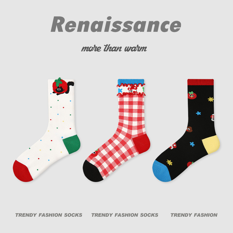 原创女袜春夏季黑白格子中筒袜卡通猫咪精梳棉袜子女