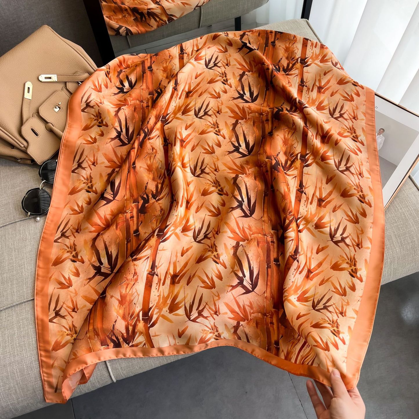 真丝丝巾女丽景锻丝巾韩版简约百搭沙滩巾外搭旅游披肩印花